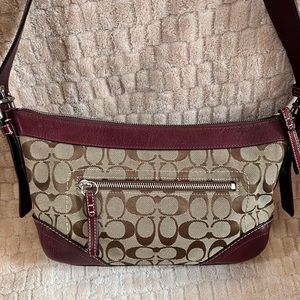 Coach Shoulder Bag Signature Fabric with Red Leather accents
